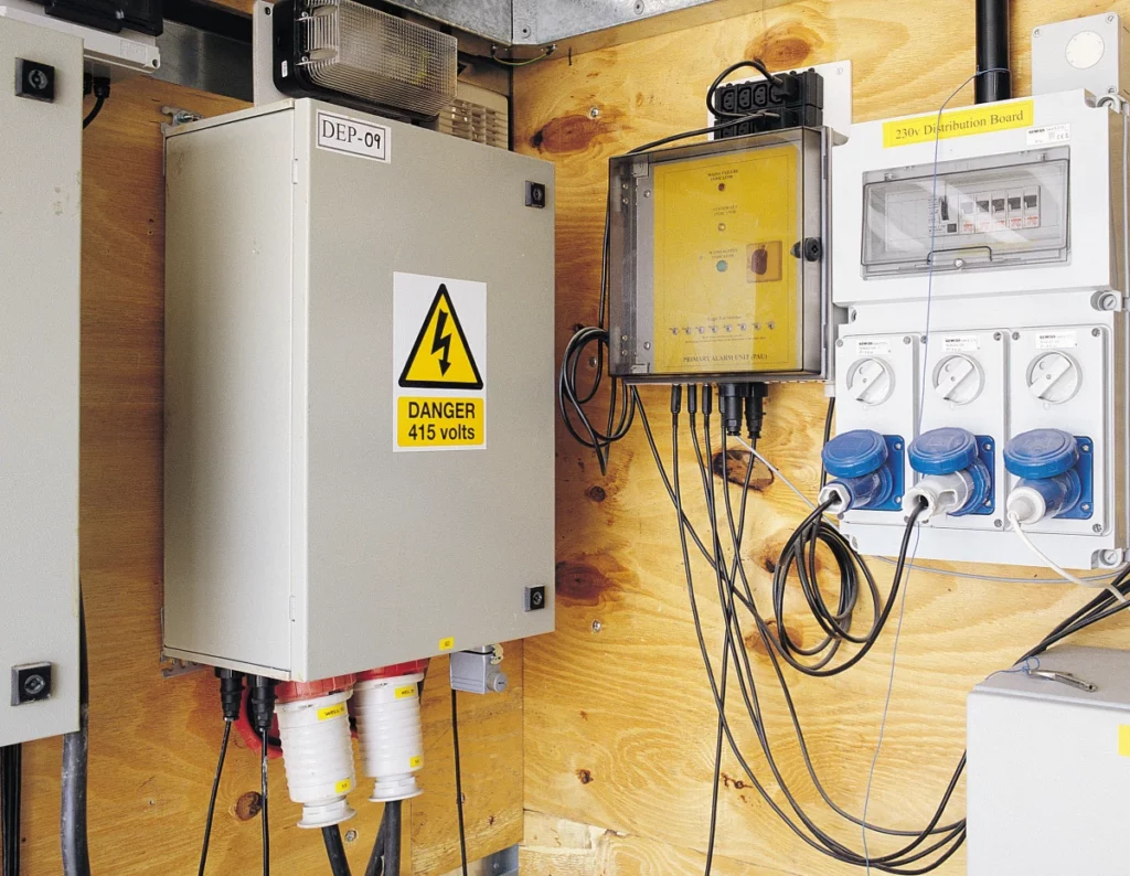 Electrical control panel with warning signs. WJ Canada offers monitoring for groundwater management systems.