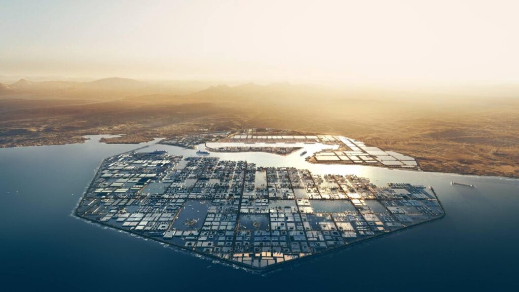 WJ Saudi Arabia expansion 1 Aerial view of hexagonal aquaculture farm. WJ Saudi Arabia.